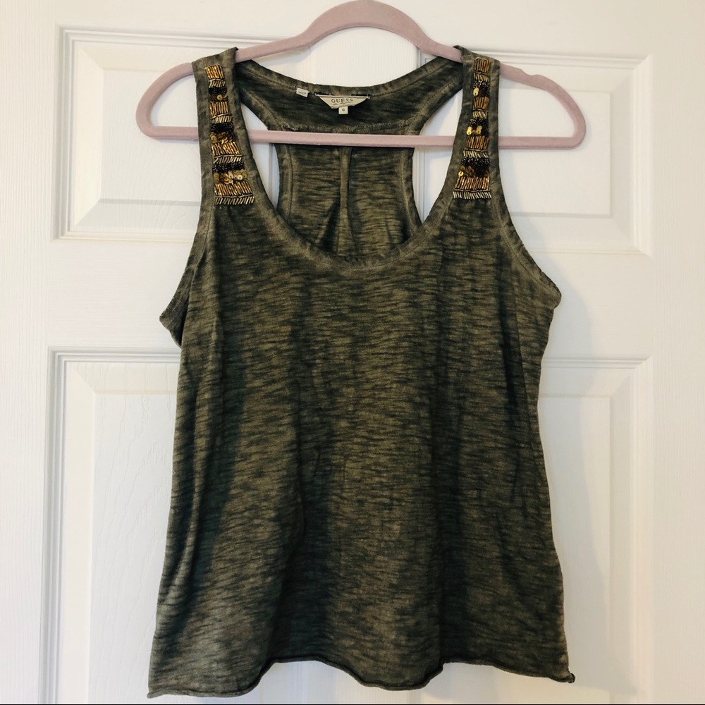 olive green beaded Guess LA tank top • size S